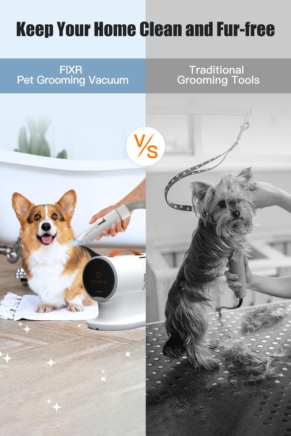 FIXR Dog Vacuum for Shedding Grooming, 12000pa Suction Dog Hair Vacuum, Pet Vacuum Grooming Kit with 2l Dust Cup, Low Noise, 3 Levels, 5 Grooming Tools