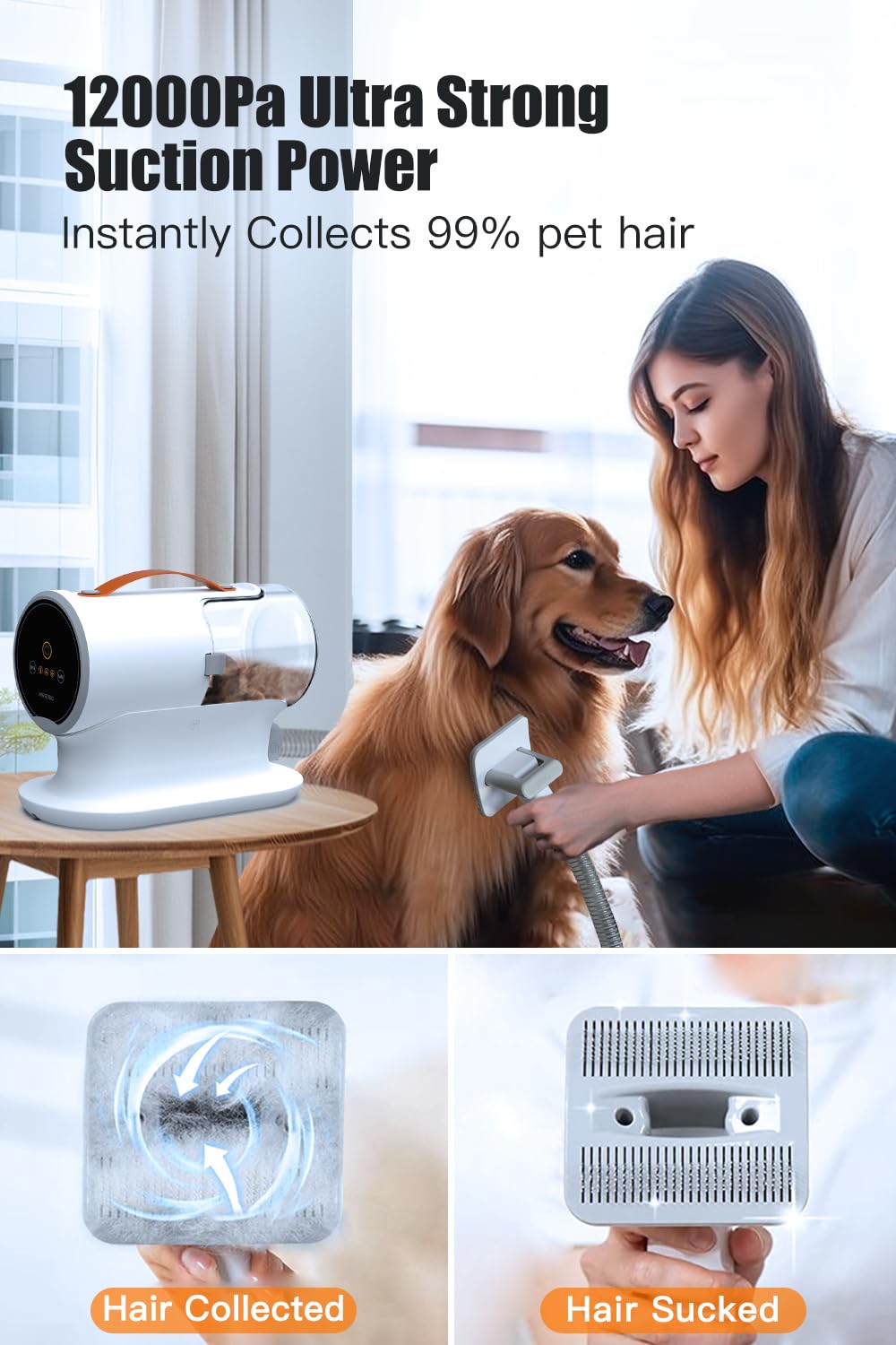 FIXR Dog Vacuum for Shedding Grooming, 12000pa Suction Dog Hair Vacuum, Pet Vacuum Grooming Kit with 2l Dust Cup, Low Noise, 3 Levels, 5 Grooming Tools